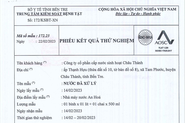 Phiếu kết quả thử nghiệm (mẫu 095)